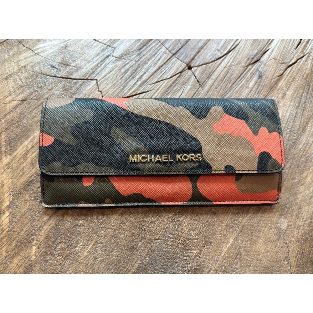 Michael Kors Camo Green Orange Wallet Saffiano Slim Snap Zip Long